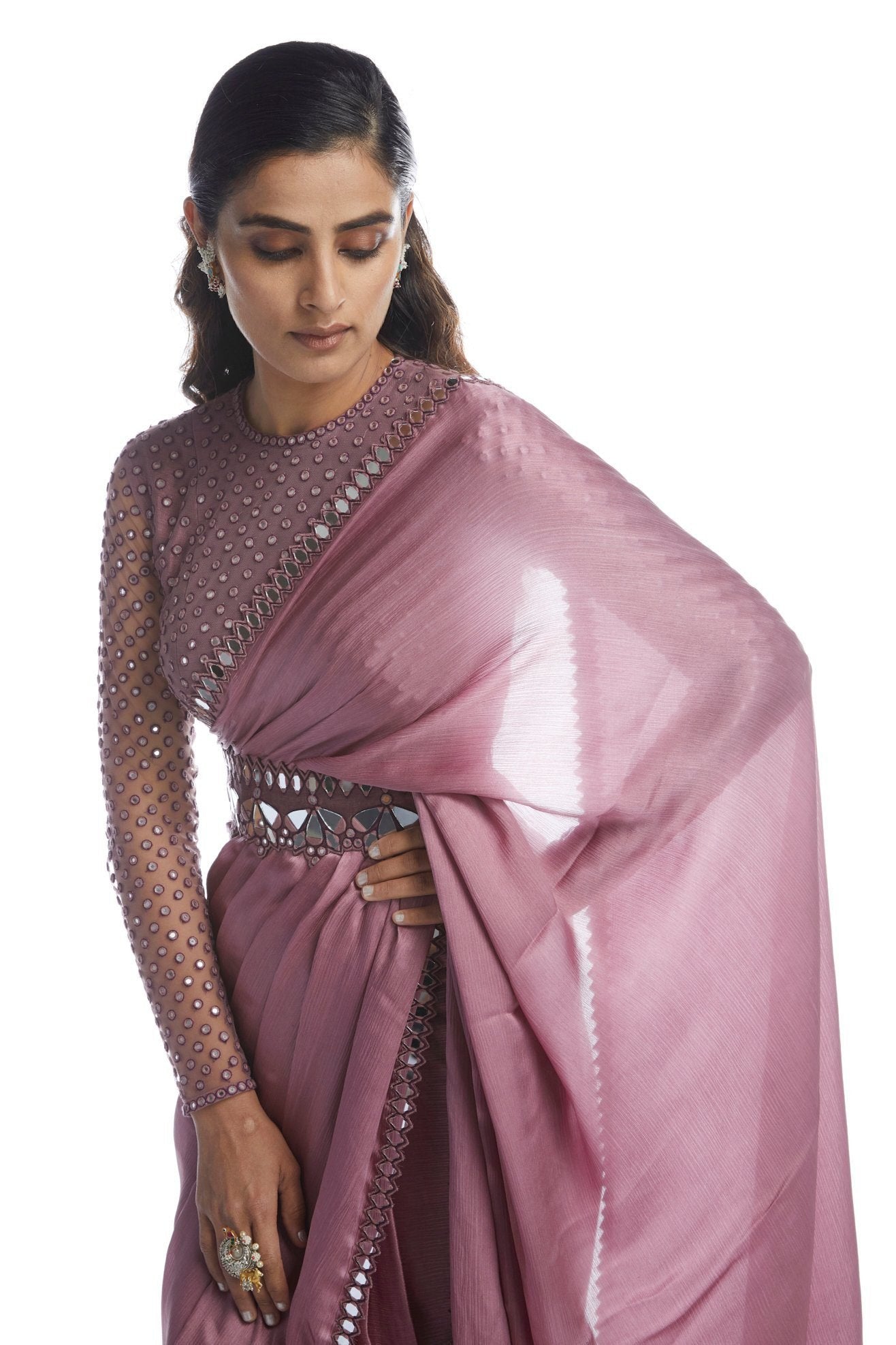 Old Rose Satin Chiffon Saree with Belt