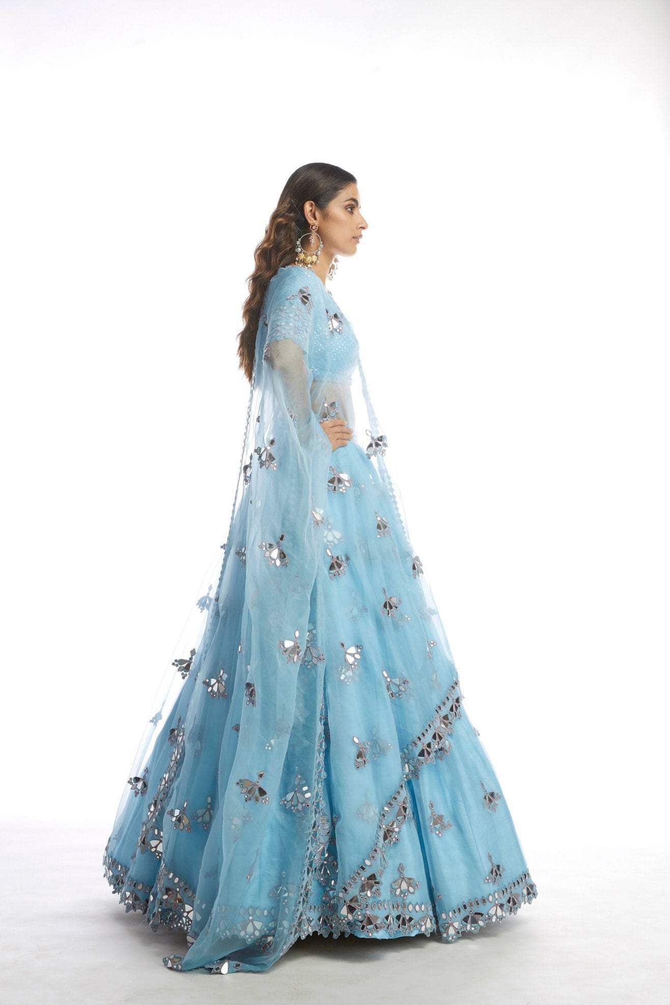 Ice Blue Knife Pleated Mirror Lehanga