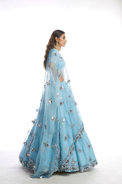 Ice Blue Knife Pleated Mirror Lehanga