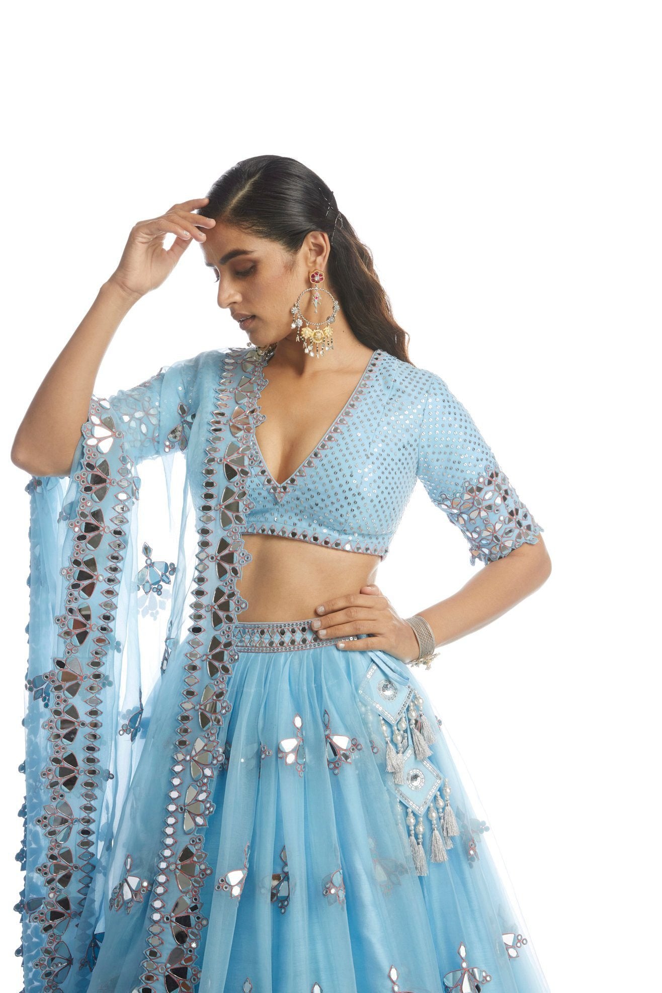 Ice Blue Knife Pleated Mirror Lehanga