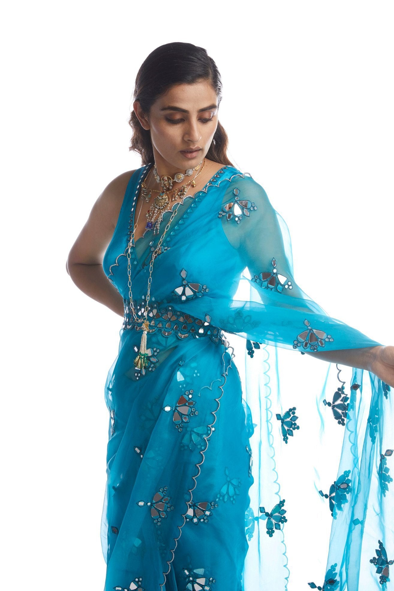 Turquoise Blue Mirror Cut Work  Saree