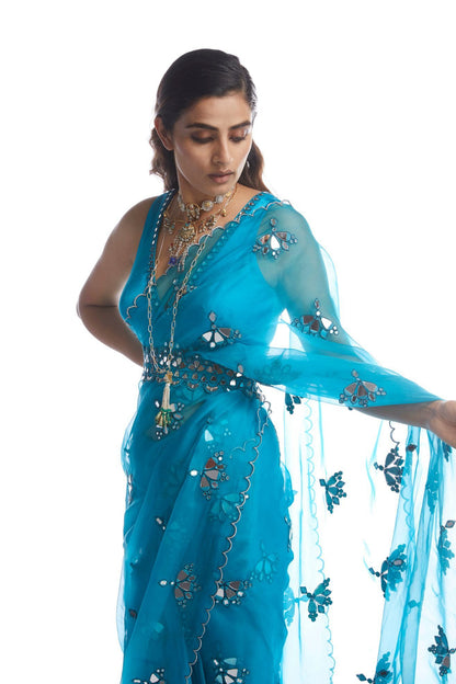 Turquoise Blue Mirror Cut Work  Saree