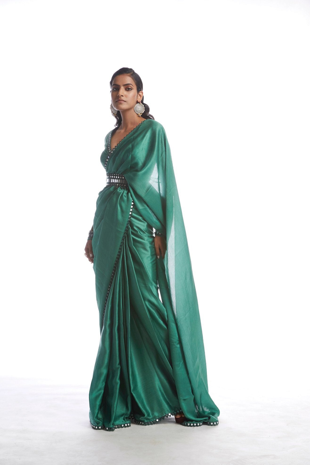 Sage Green Satin Chiffon Saree