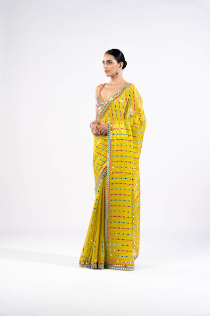Moss Green Mirror Saree With Metallic Blouse