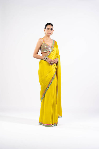 Moss Green Satin Chiffon Saree With Metallic Blouse