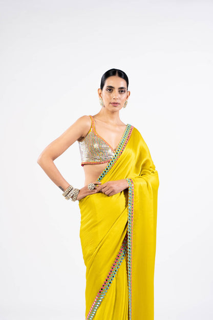 Moss Green Satin Chiffon Saree With Metallic Blouse