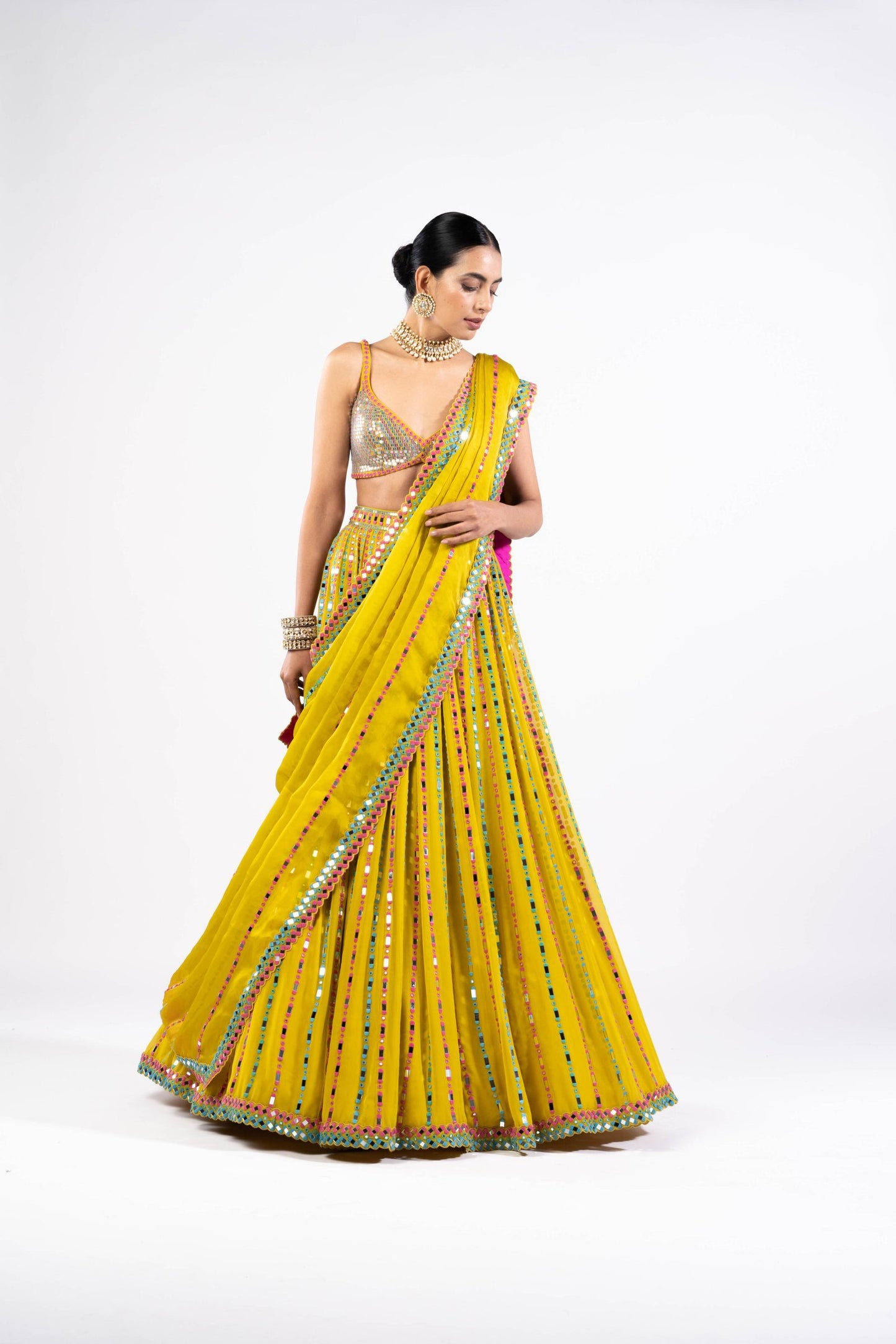 Moss Green Linear Drop Lehenga With Metallic Blouse