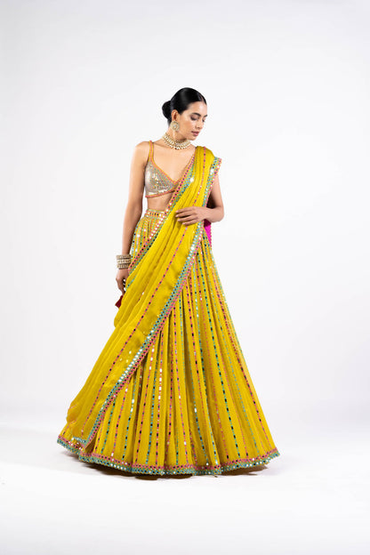 Moss Green Linear Drop Lehenga With Metallic Blouse