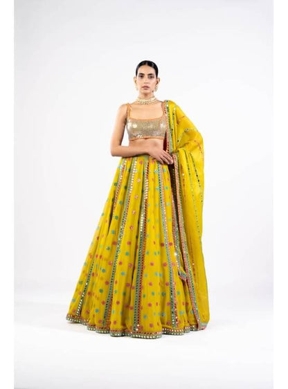 Moss Green Flower Lehenga Set With Metallic Blouse