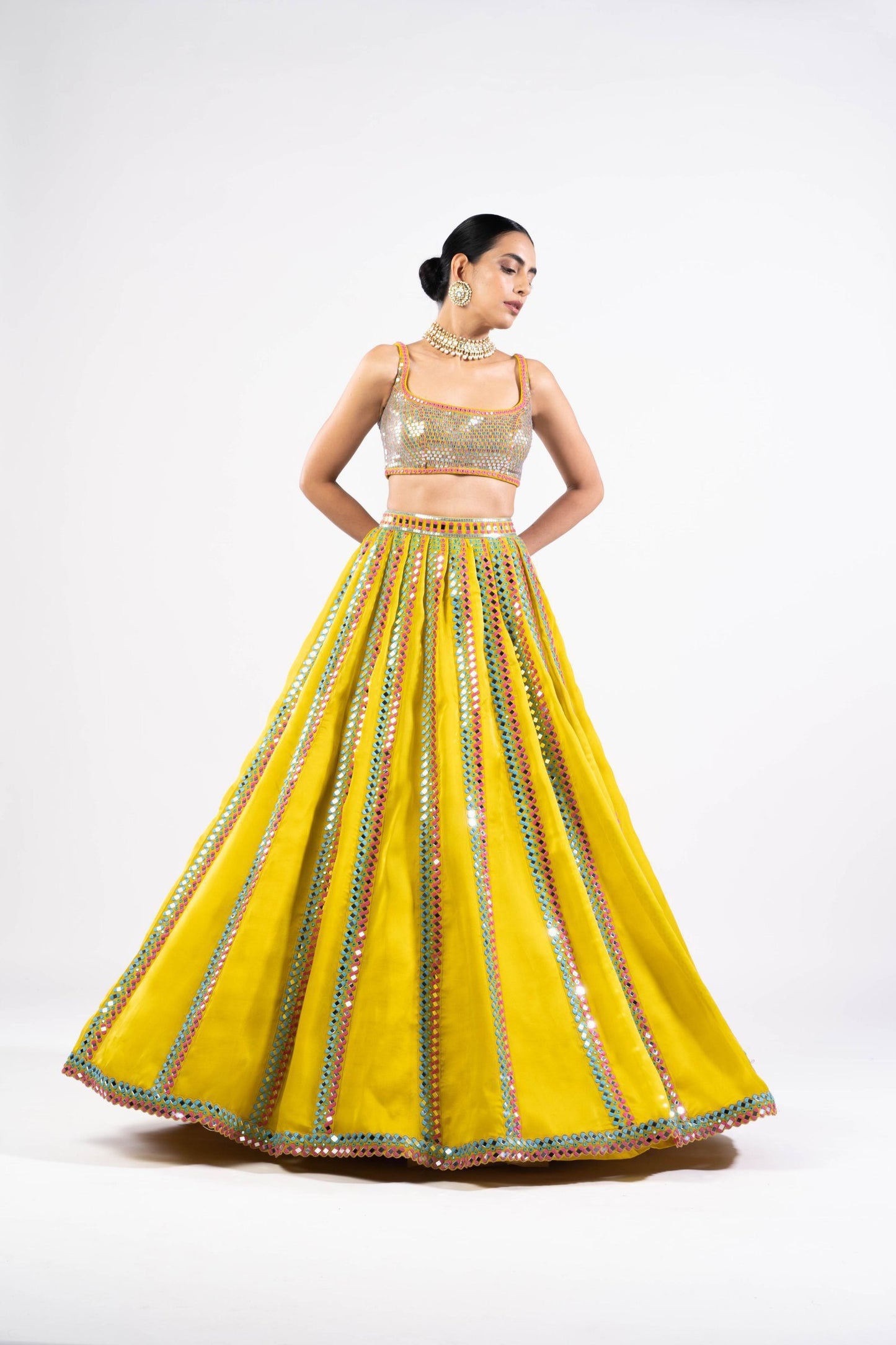 Moss Green Mirror Seam Lehenga Set With Metallic Blouse