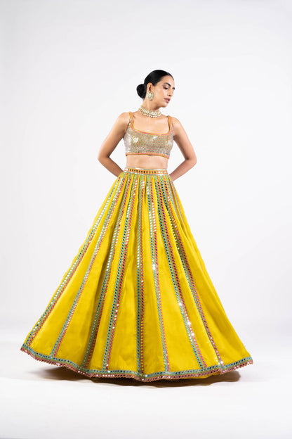 Moss Green Mirror Seam Lehenga Set With Metallic Blouse