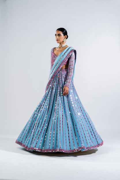 Ice Blue Linear Drop Lehenga Set