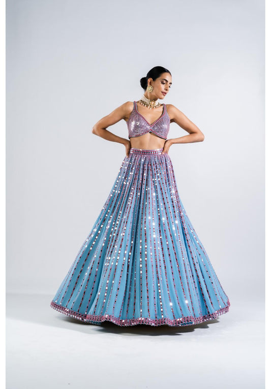 Ice Blue Linear Drop Lehenga With Metallic Blouse