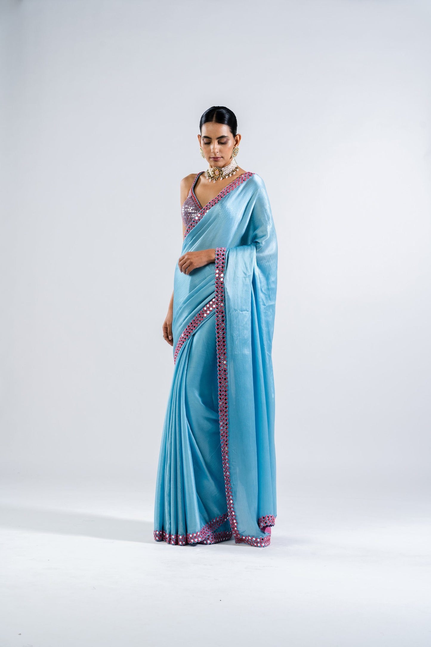 Ice Blue Satin Chiffon Saree Set