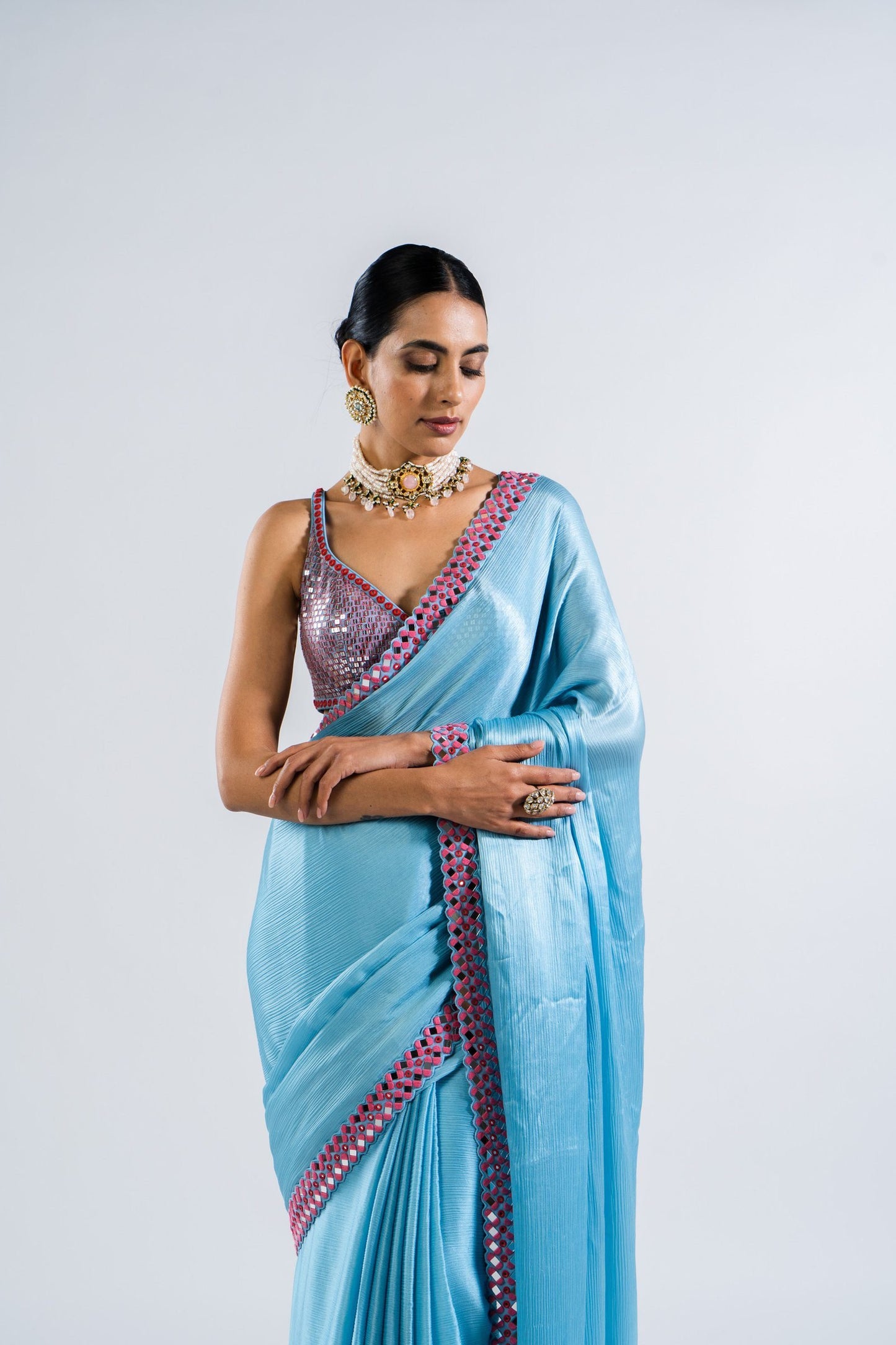 Ice Blue Satin Chiffon Saree Set