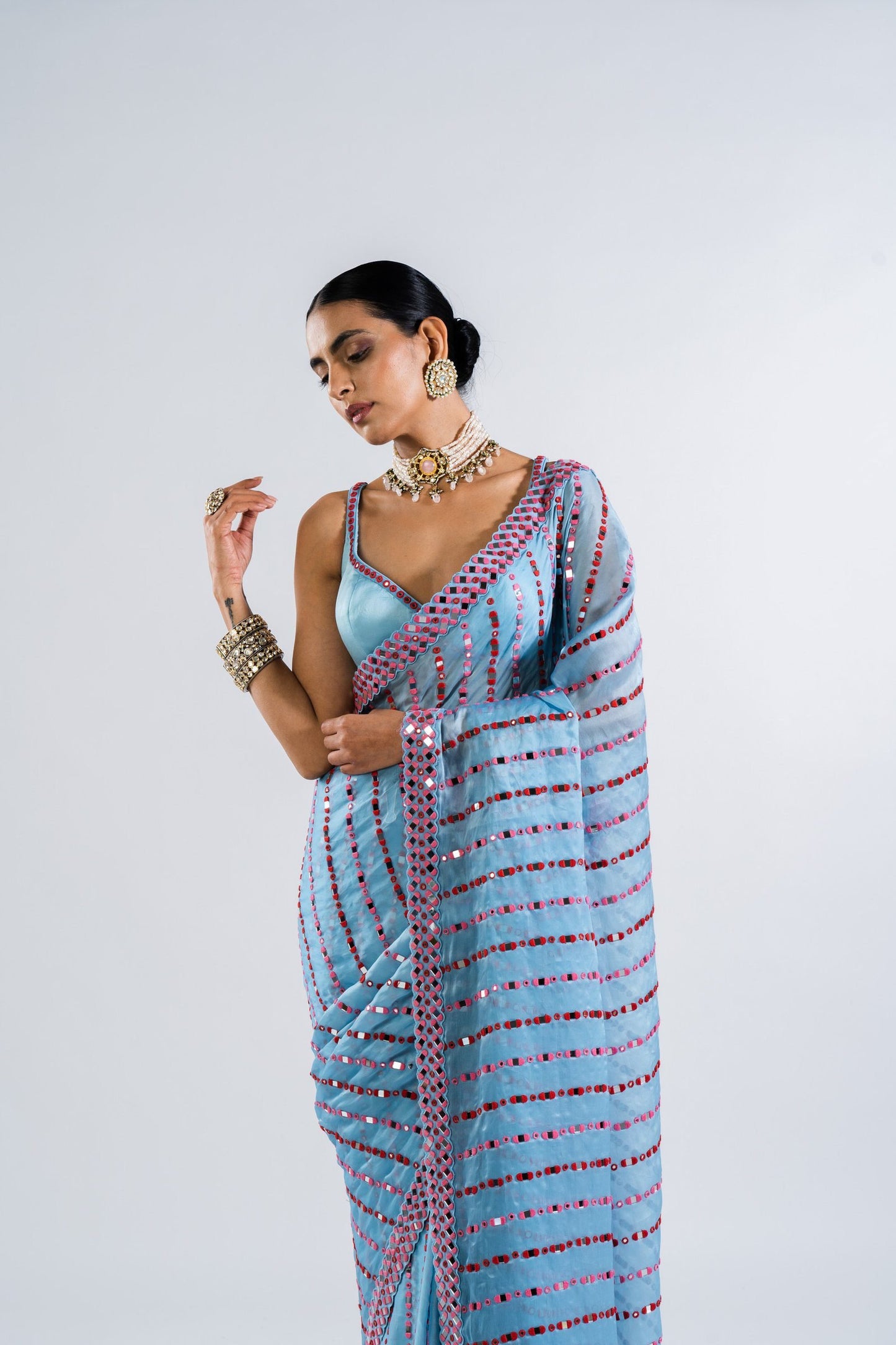 Ice Blue Heavy Mirror Work Saree Set