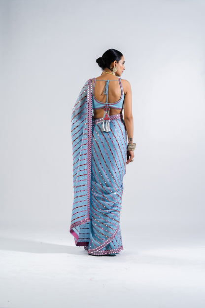 Ice Blue Heavy Mirror Work Saree Set