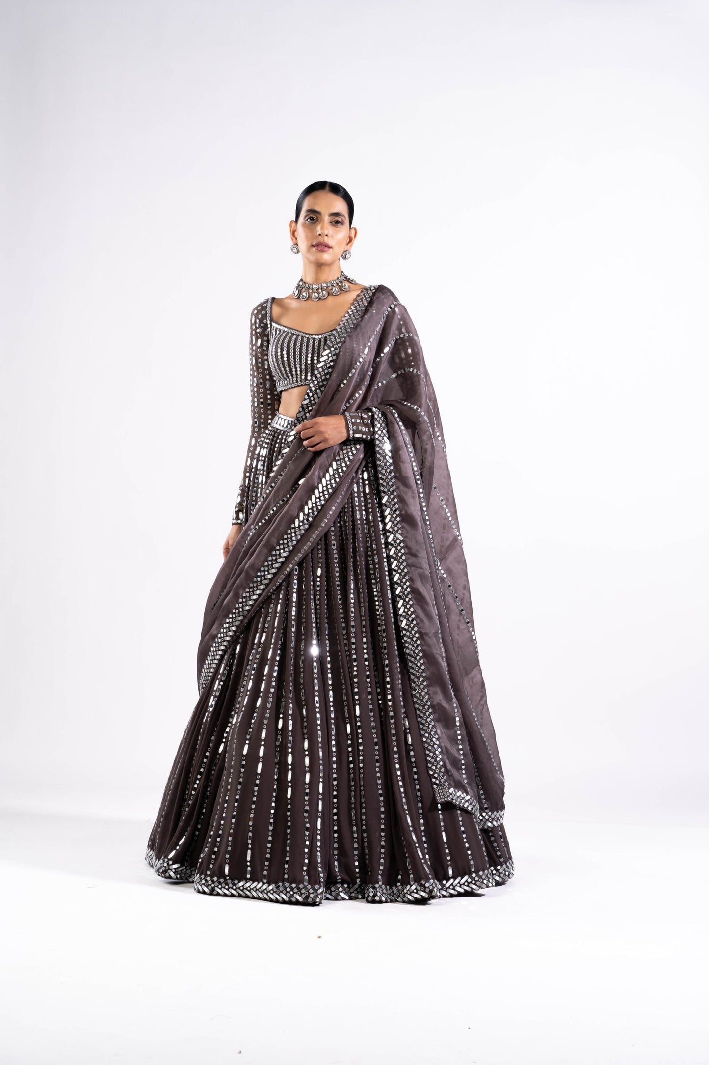 Charcoal Grey Linear Drop Lehenga Set