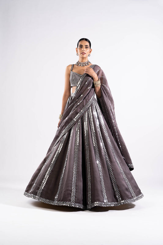 Charcoal Grey Mirror Seam Lehenga With Mirror Blouse