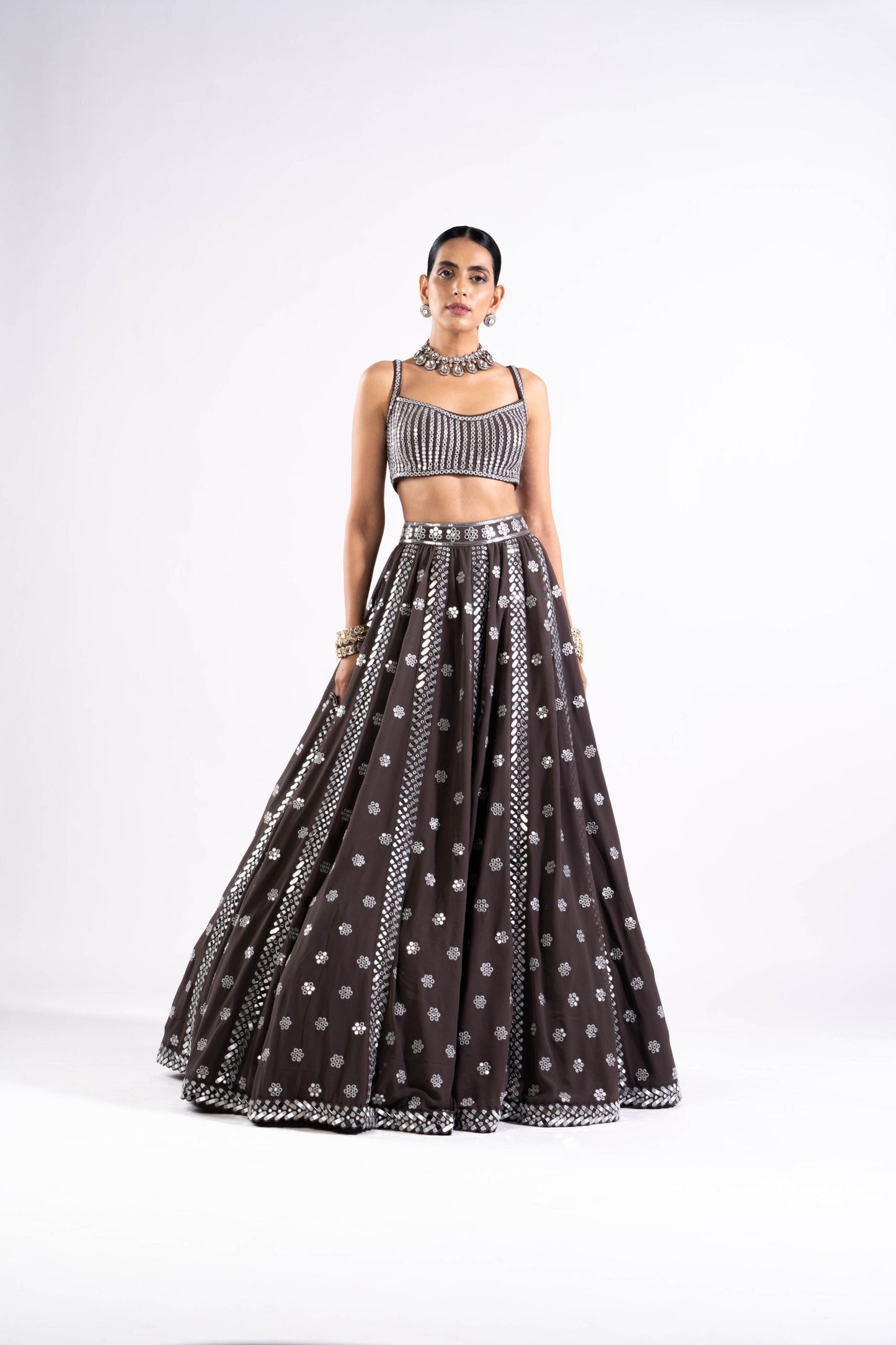 Charcoal Grey Flower Lehenga Set
