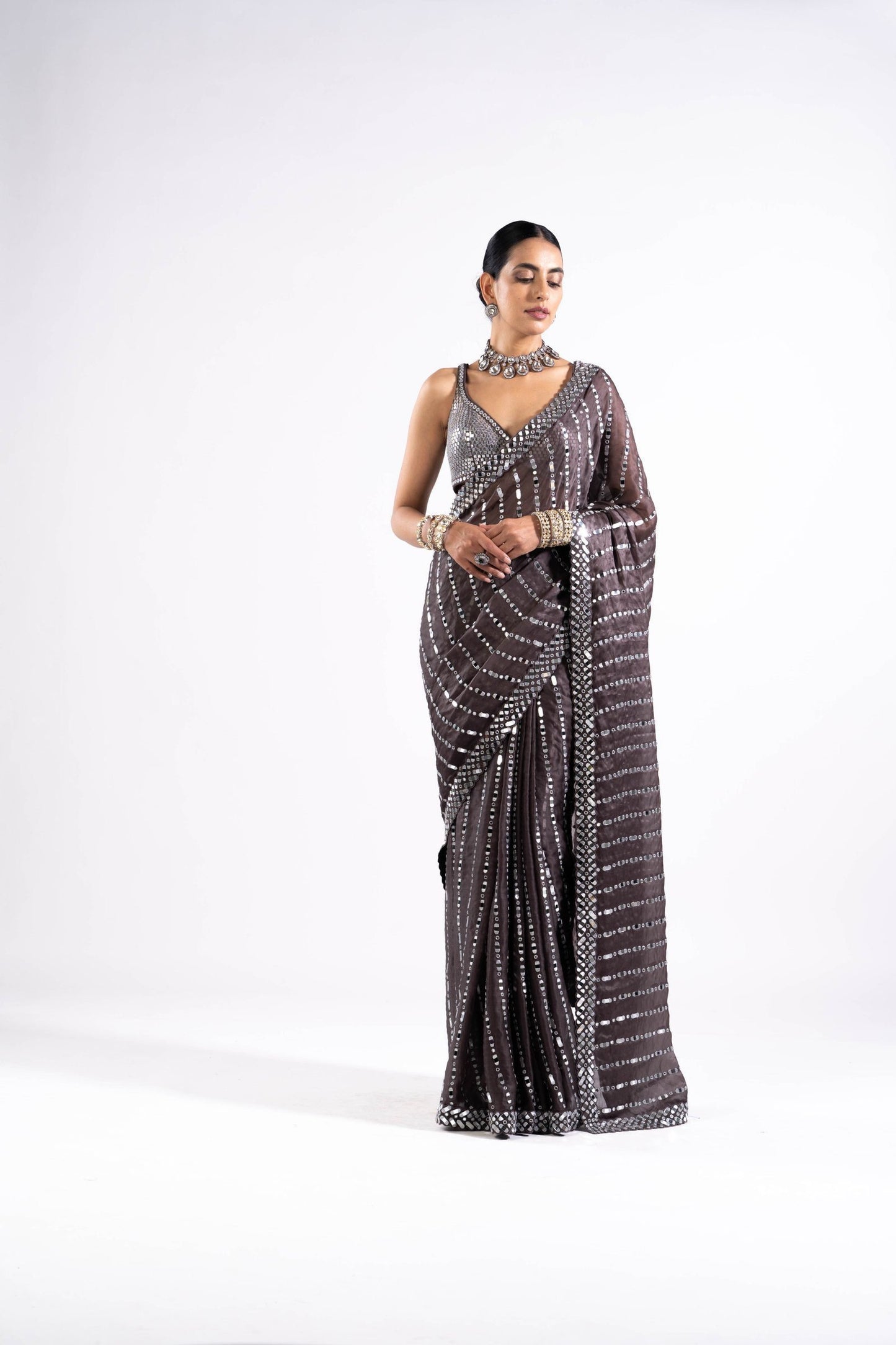 Charcoal Grey Heavy Mirror Work Saree With Metallic Blouse