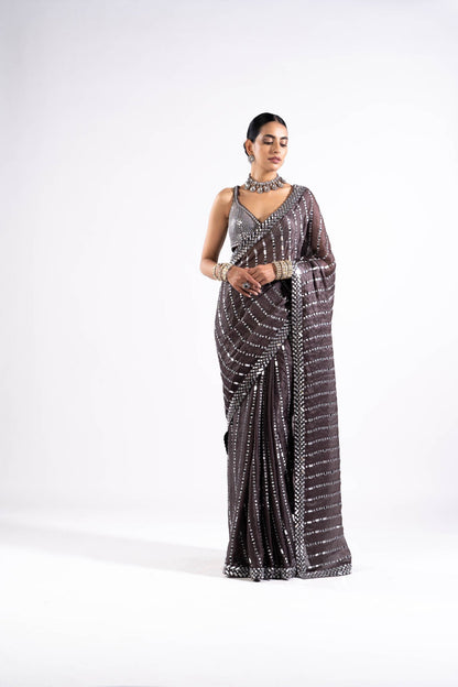 Charcoal Grey Heavy Mirror Work Saree With Metallic Blouse