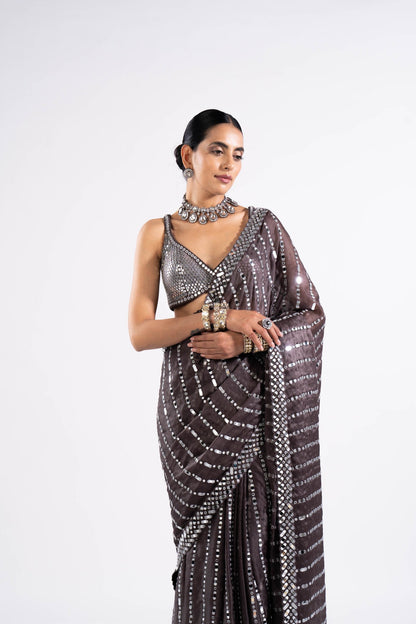 Charcoal Grey Heavy Mirror Work Saree With Metallic Blouse