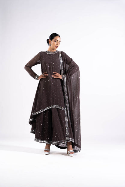 Charcoal Grey Asymmetrical Kurta Set With Dupatta