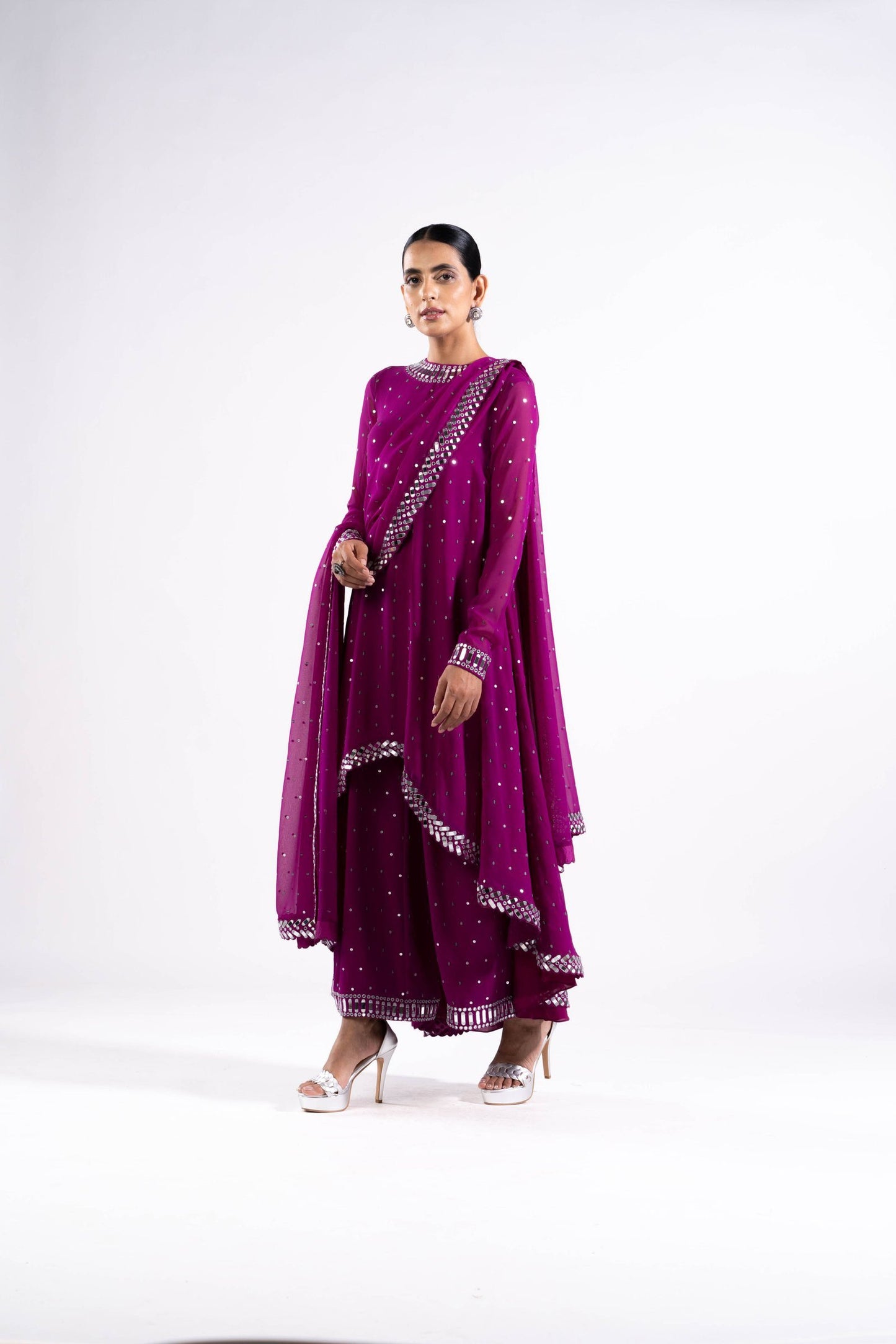Pop Wine Asymetrical Kurta Set With Dupatta