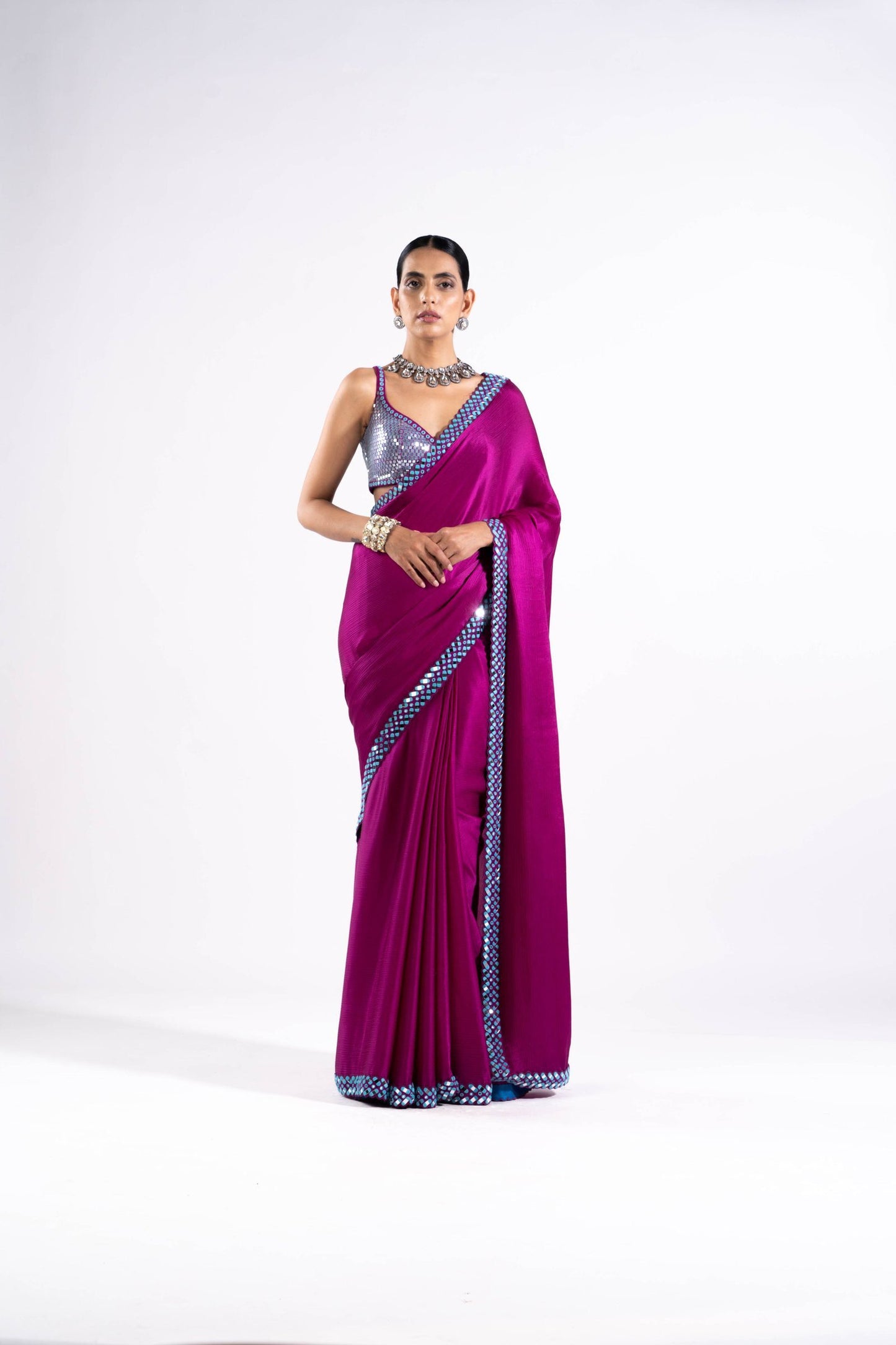 Pop Wine Satin Chiffon Saree Set