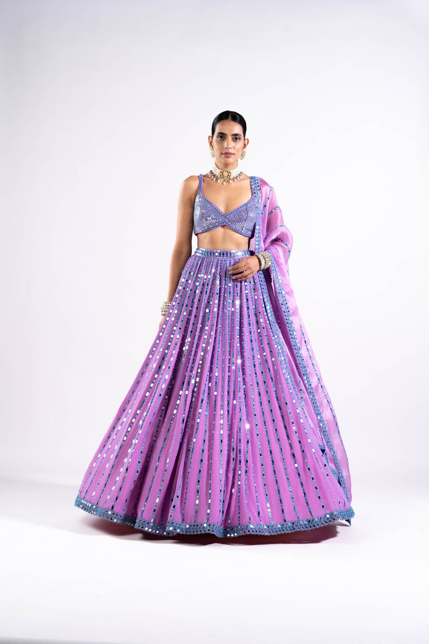 Mauve Linear Drop Lehenga With Metallic Blouse