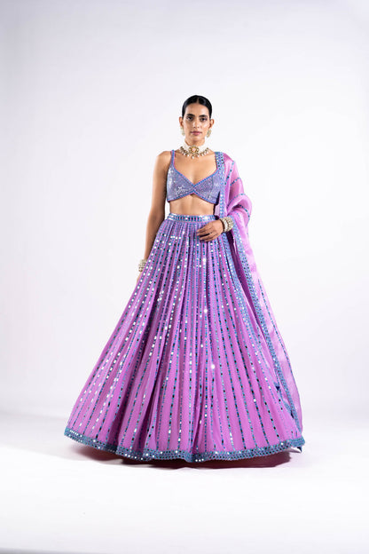 Mauve Linear Drop Lehenga With Metallic Blouse