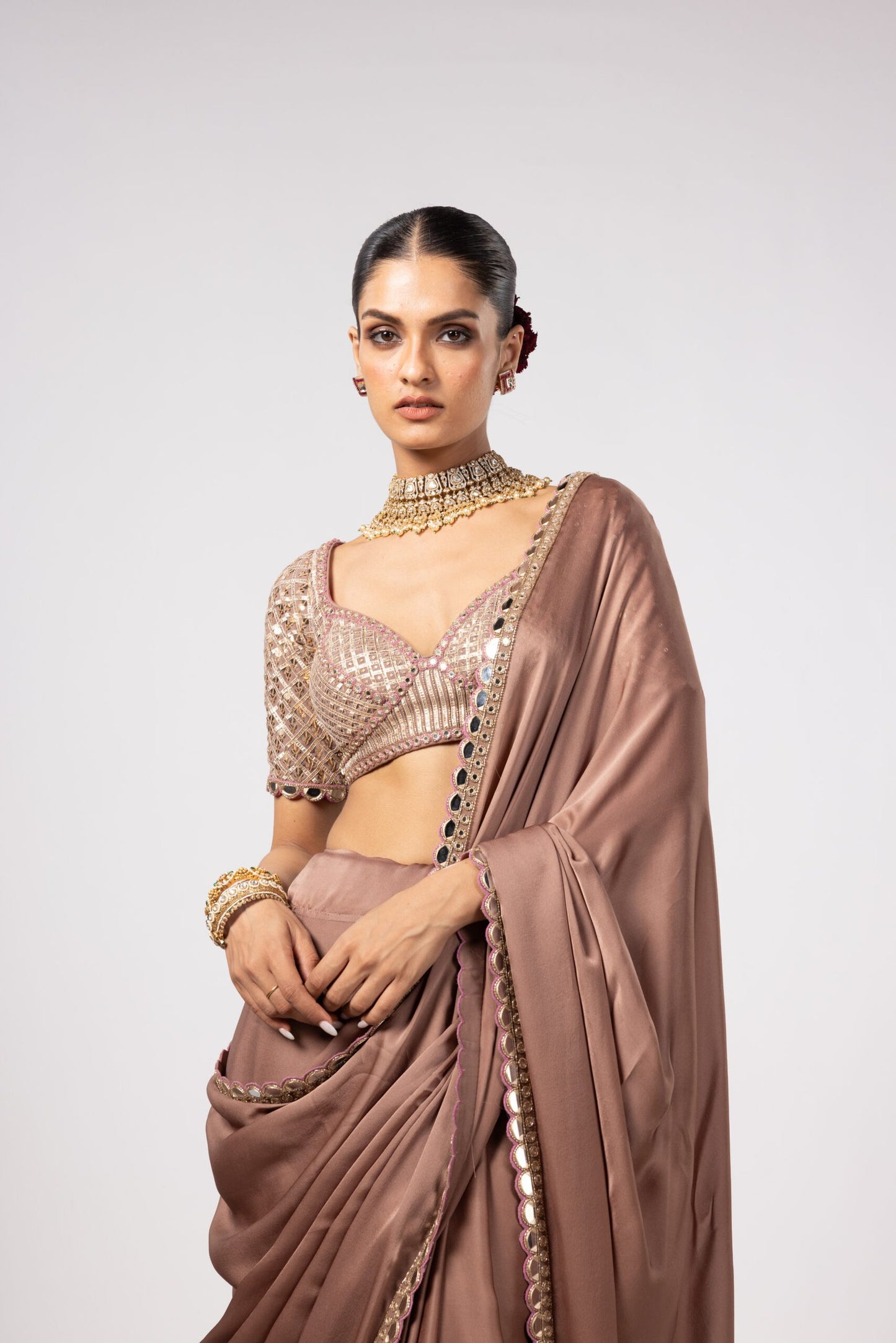 Deep Beige Satin Saree Set