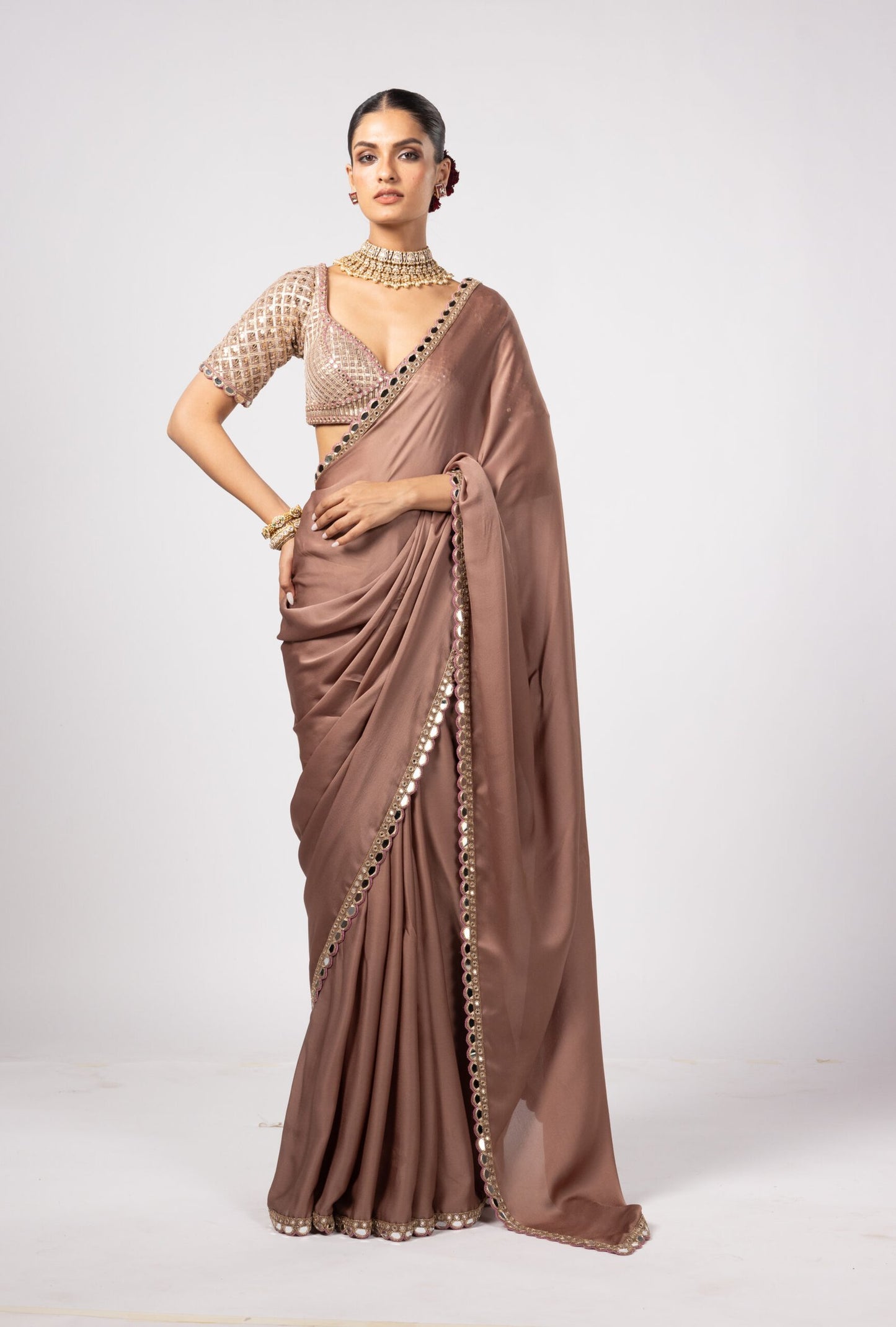 Deep Beige Satin Saree Set