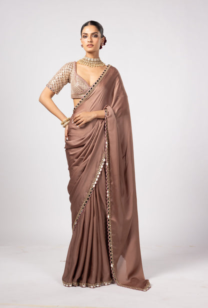 Deep Beige Satin Saree Set