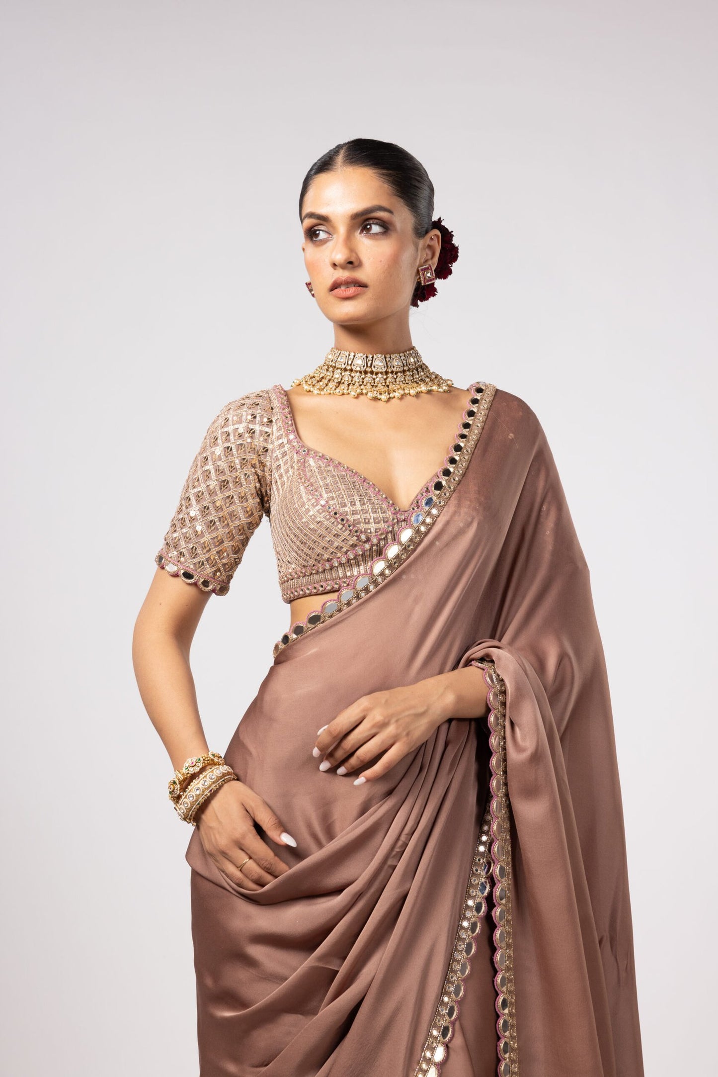 Deep Beige Satin Saree Set