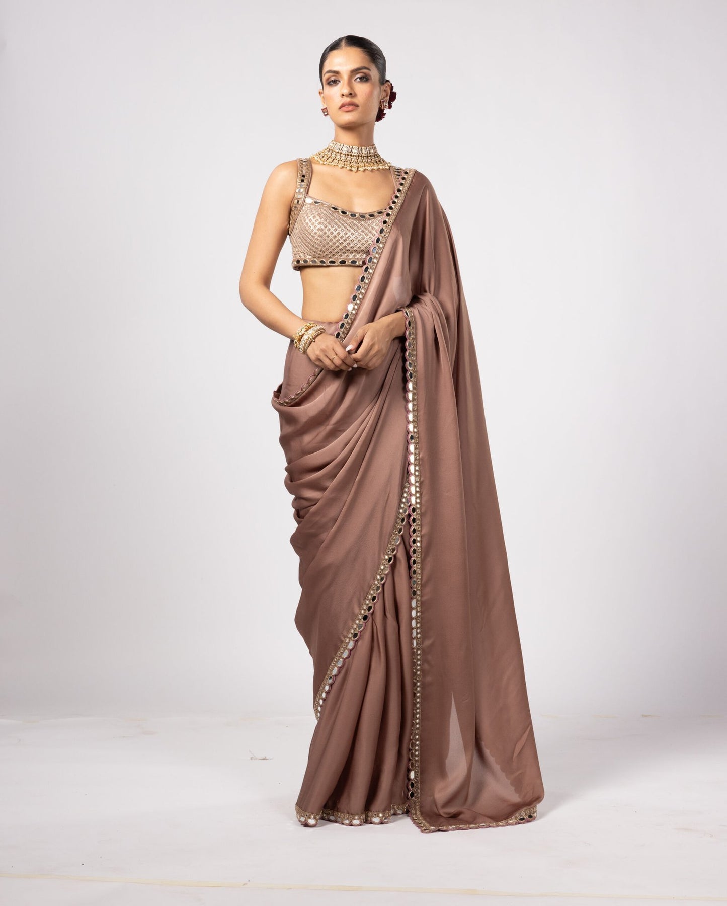 DEEP BEIGE SATIN SAREE PAIRED WITH SQUARE NECK BLOUSE