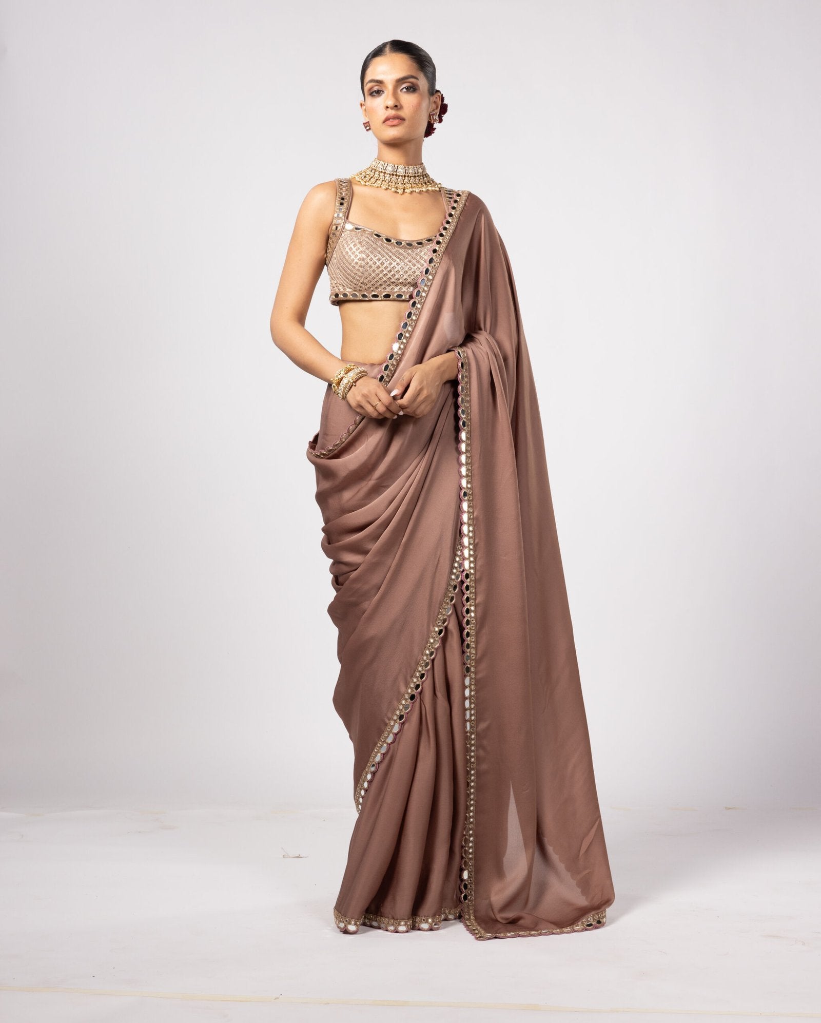 DEEP BEIGE SATIN SAREE PAIRED WITH SQUARE NECK BLOUSE