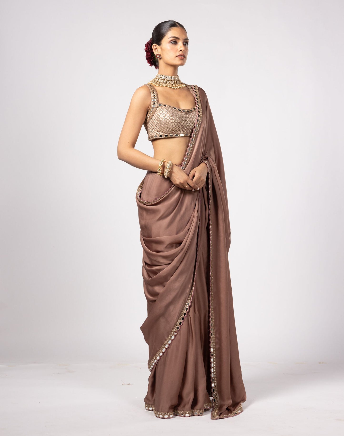 DEEP BEIGE SATIN SAREE PAIRED WITH SQUARE NECK BLOUSE