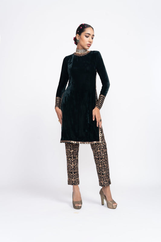 Deep Green Velvet Kurta Set