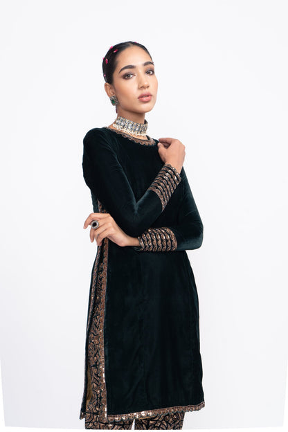 Deep Green Velvet Kurta Set