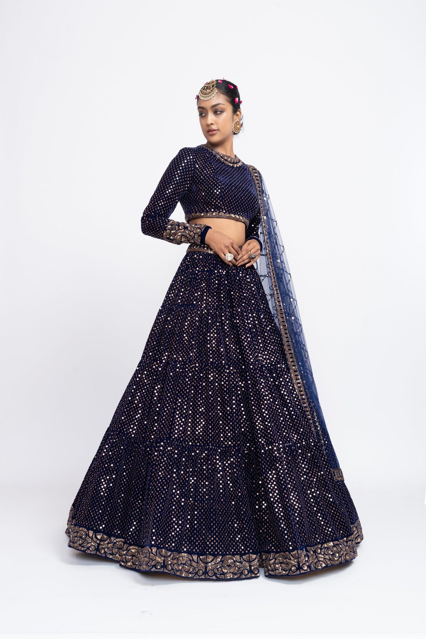 Navy Blue Dense Dot Lehenga Set