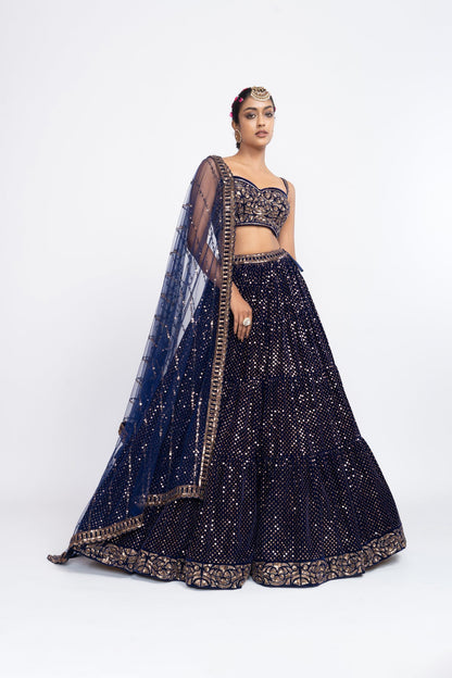 Navy Blue Dense Dot Corset Lehenga Set