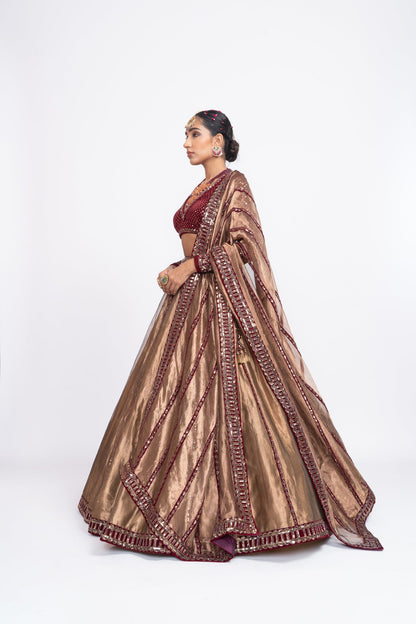 Mahroon And Copper Tissue Lehenga Set