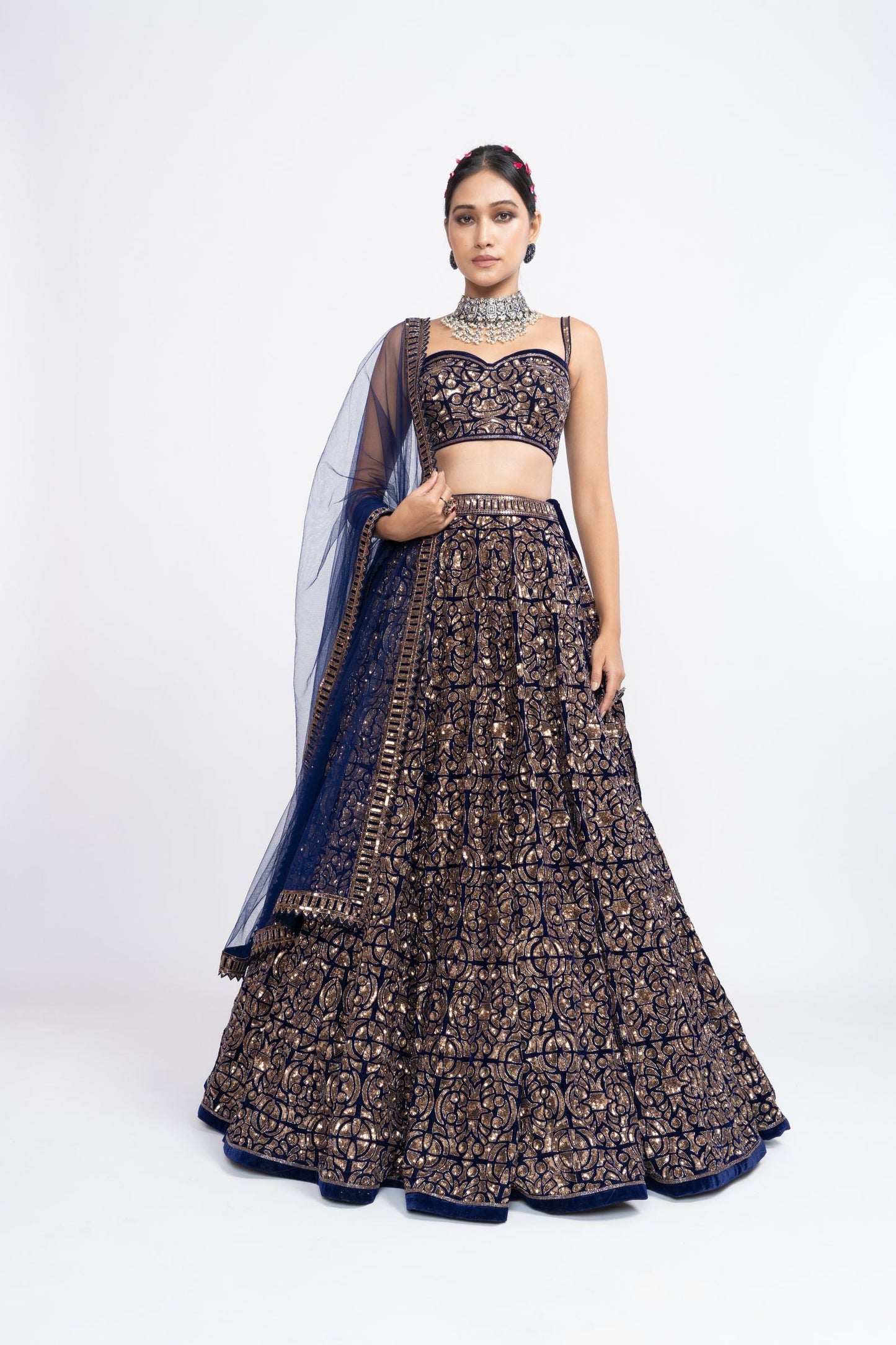 Navy Blue Fully Embroidered Corset Lehenga Set
