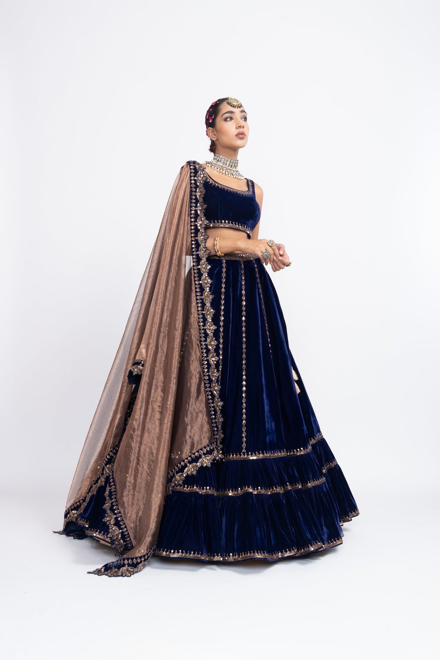 Navy Blue Double Tier Lehenga Set