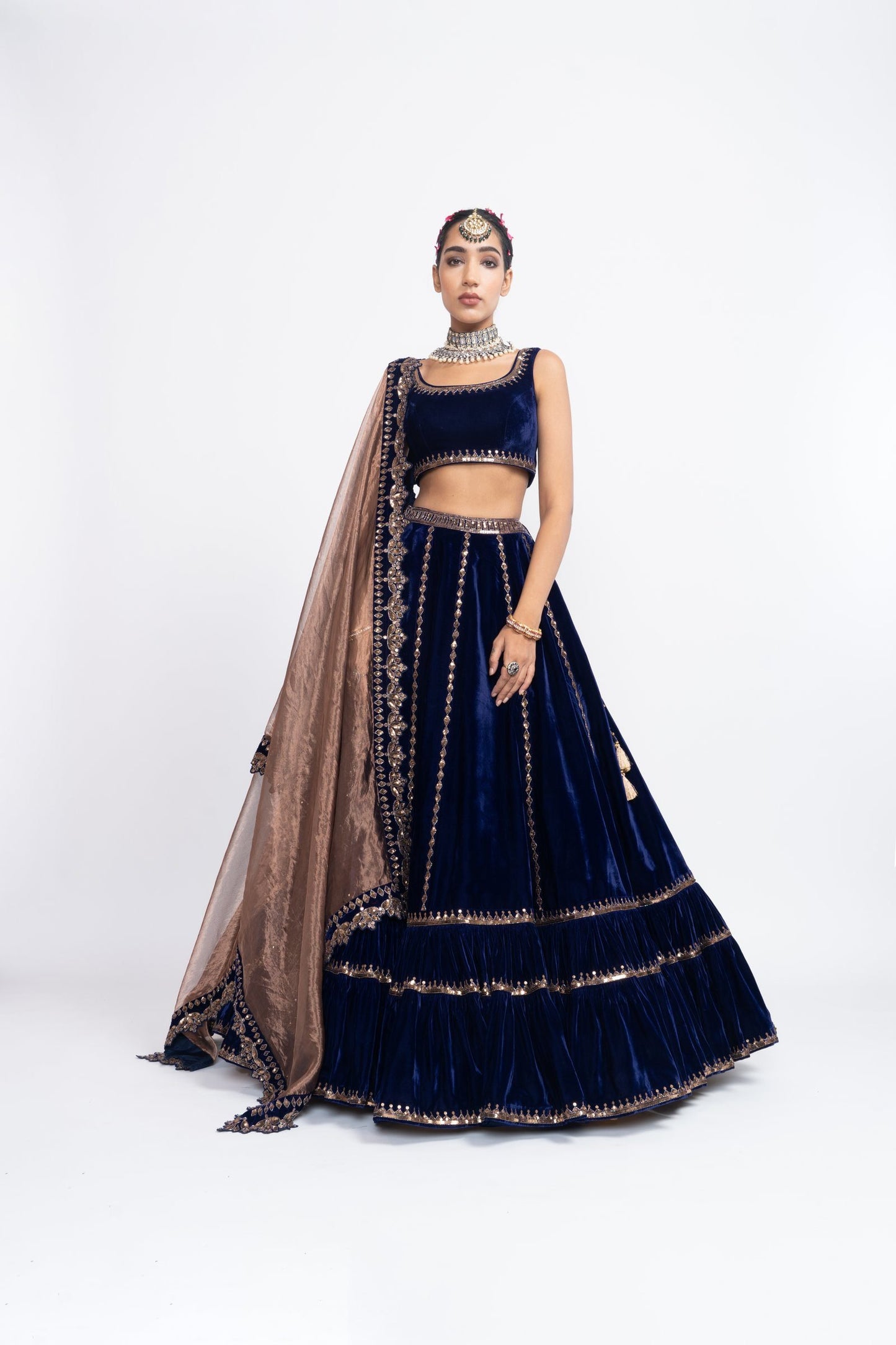 Navy Blue Double Tier Lehenga Set
