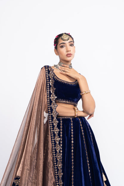 Navy Blue Double Tier Lehenga Set