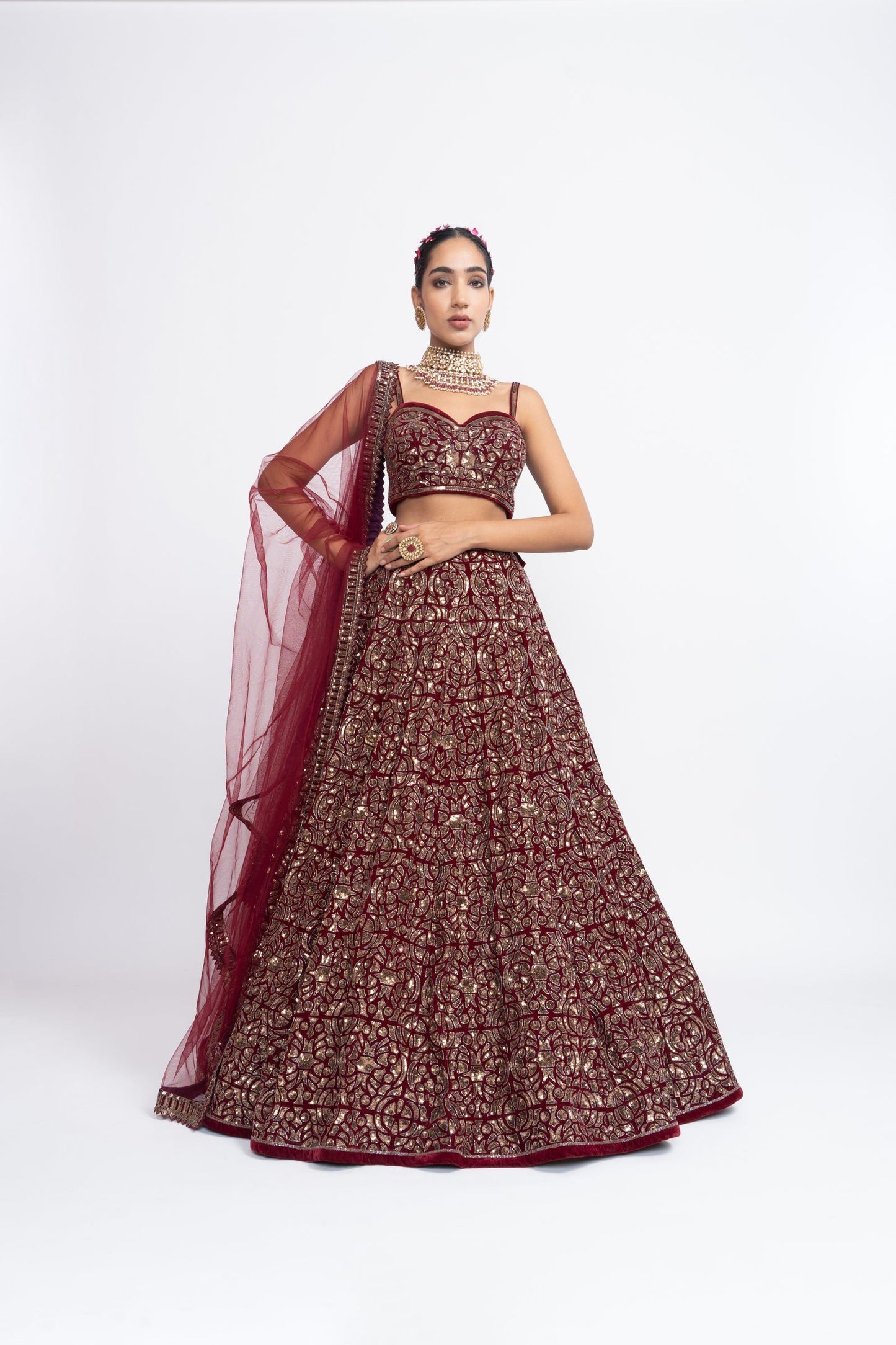 Mahroon Fully Embroidered Corset Lehenga Set