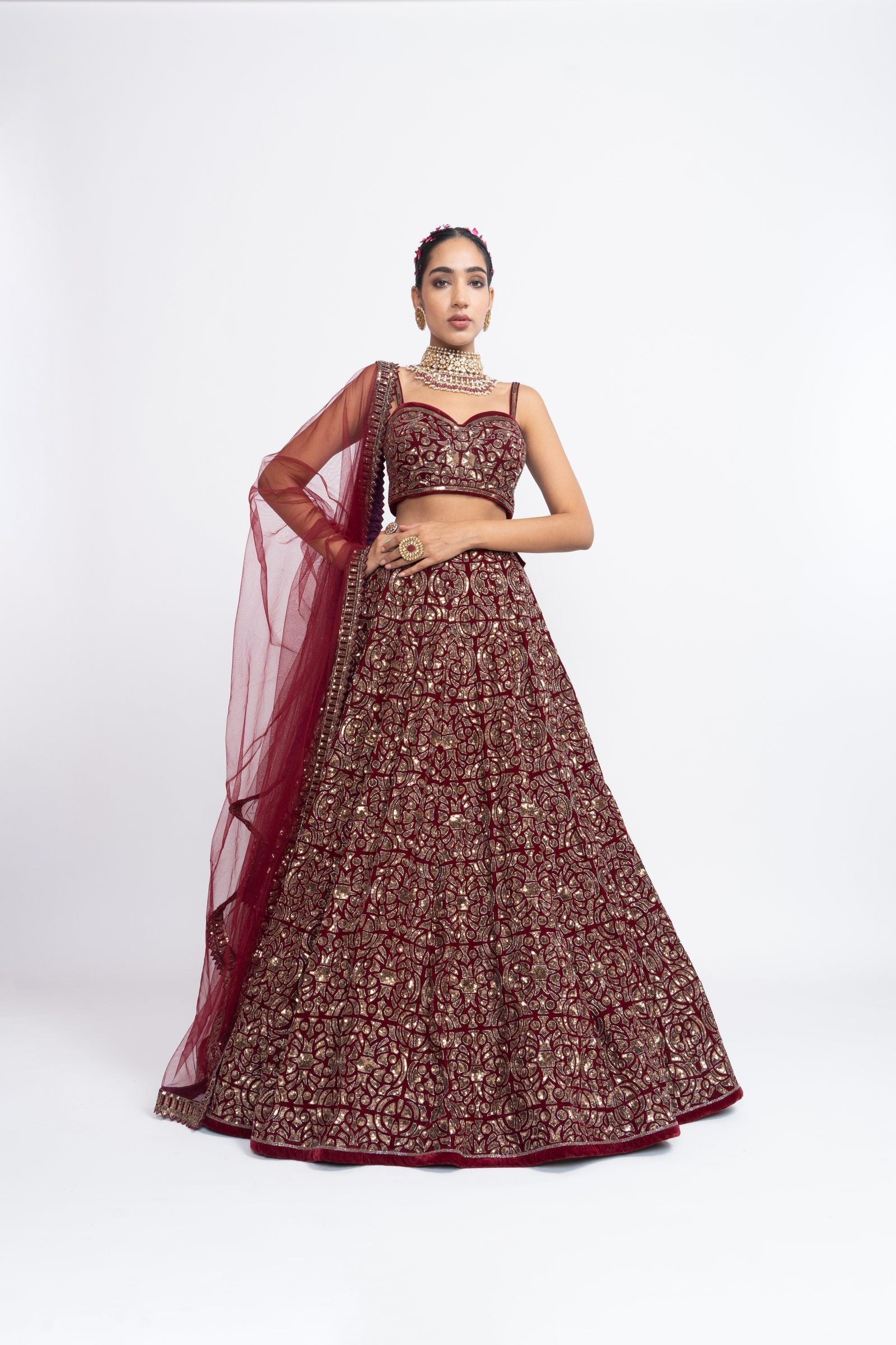 Mahroon Fully Embroidered Corset Lehenga Set